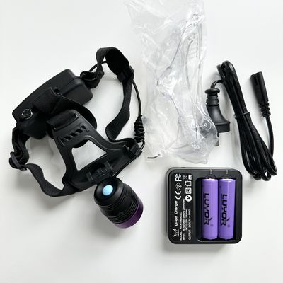 蛍光磁粉UVヘッドランプ DG-3101S、ピーク波長365-370nm、18650リチウム電池2個付き